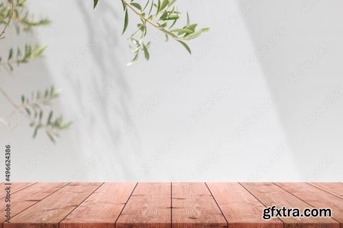 Empty Wood Table Top And Blurred White Wall In Garden Background 6xJPEG