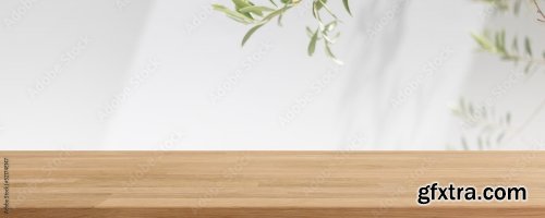 Empty Wood Table Top And Blurred White Wall In Garden Background 6xJPEG