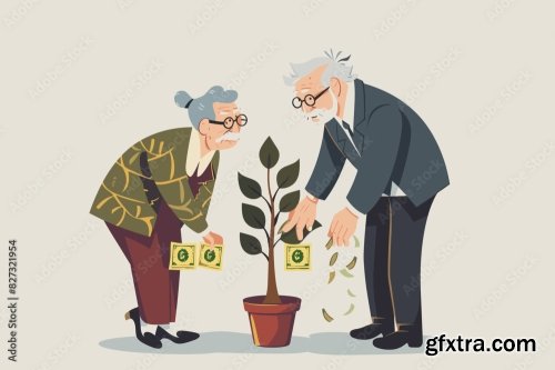 Elderly Couple Nurturing Money Tree Together 6xAI