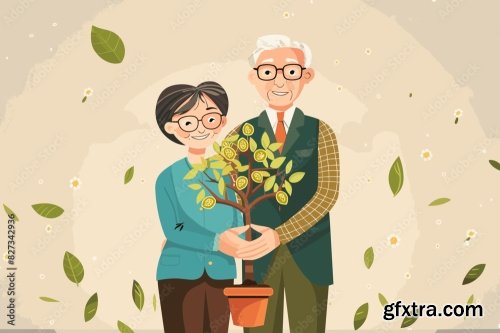 Elderly Couple Nurturing Money Tree Together 6xAI