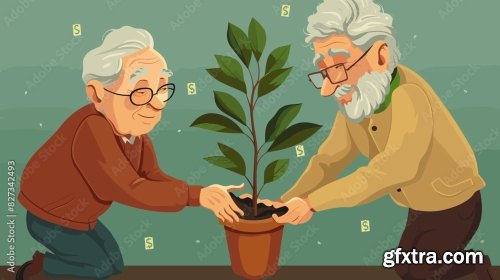 Elderly Couple Nurturing Money Tree Together 6xAI