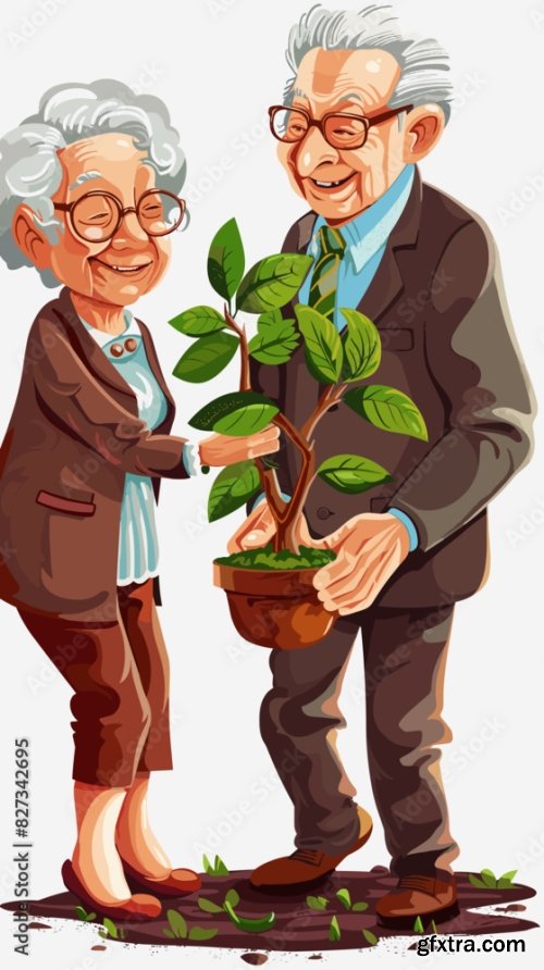 Elderly Couple Nurturing Money Tree Together 6xAI