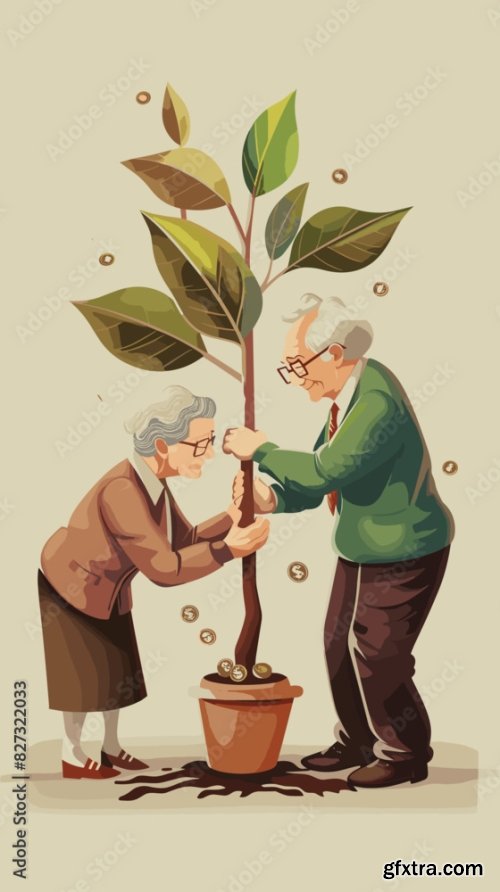 Elderly Couple Nurturing Money Tree Together 6xAI