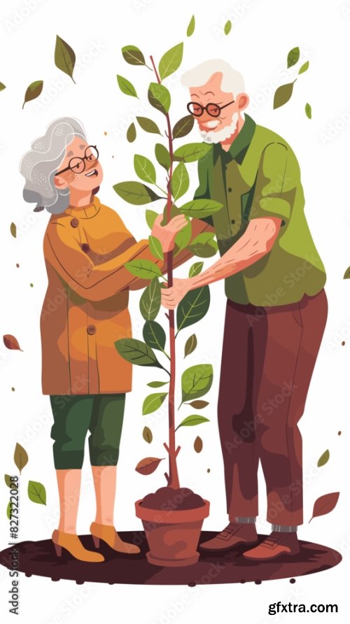 Elderly Couple Nurturing Money Tree Together 6xAI