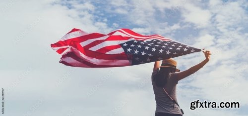 Young Asian Woman Holding American Flag 6xJPEG