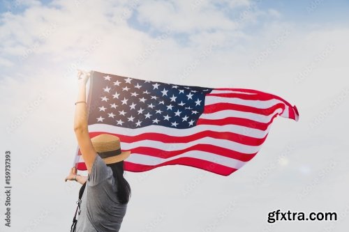 Young Asian Woman Holding American Flag 6xJPEG