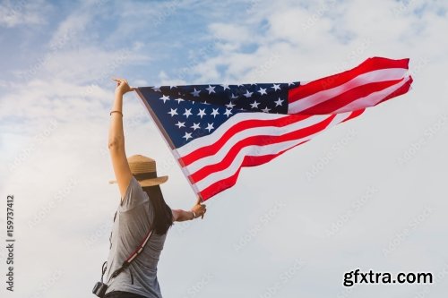 Young Asian Woman Holding American Flag 6xJPEG