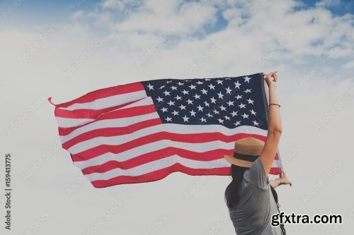 Young Asian Woman Holding American Flag 6xJPEG