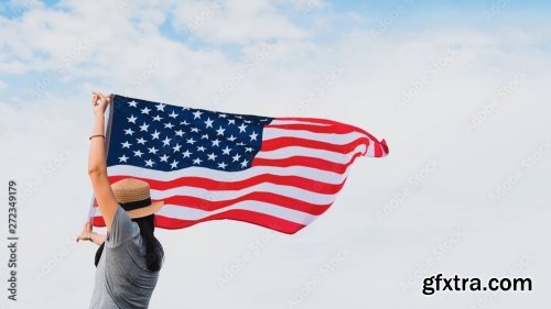 Young Asian Woman Holding American Flag 6xJPEG