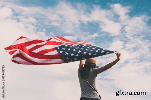 Young Asian Woman Holding American Flag 6xJPEG