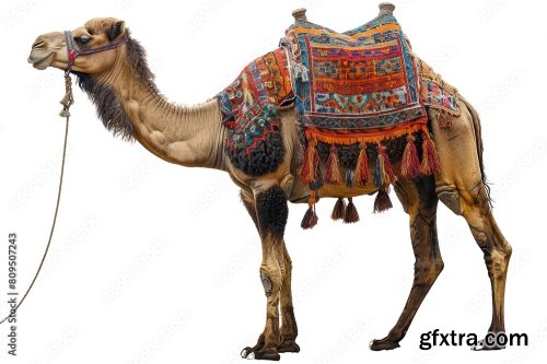 A Beautifully Adorned Camel Stands Isolated 12xPNG