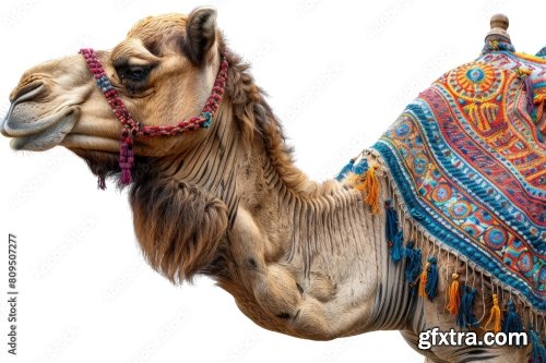 A Beautifully Adorned Camel Stands Isolated 12xPNG