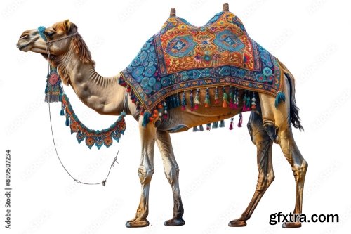 A Beautifully Adorned Camel Stands Isolated 12xPNG