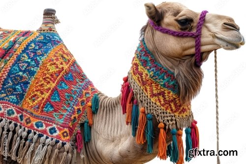 A Beautifully Adorned Camel Stands Isolated 12xPNG