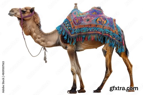 A Beautifully Adorned Camel Stands Isolated 12xPNG