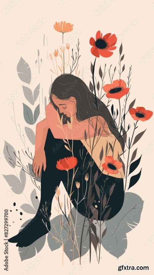 Depressed Woman Sitting On Withering Flower 6xAI