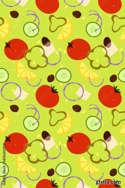 Printset Of Vector Seamless Patterns With Vegetables 6xAI
