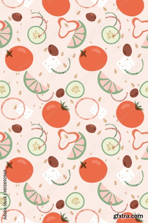 Printset Of Vector Seamless Patterns With Vegetables 6xAI