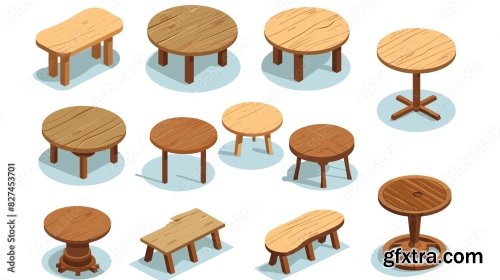 Isometric Vector Set Of Various Round Wooden Tables 6xAI