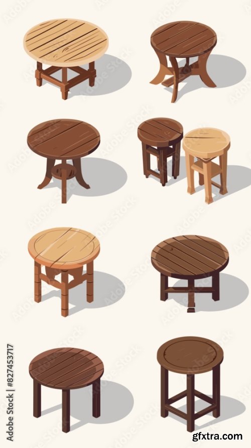 Isometric Vector Set Of Various Round Wooden Tables 6xAI