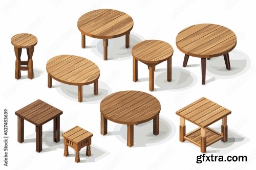 Isometric Vector Set Of Various Round Wooden Tables 6xAI