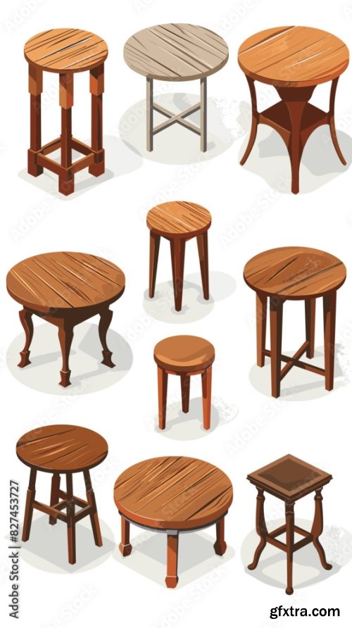 Isometric Vector Set Of Various Round Wooden Tables 6xAI