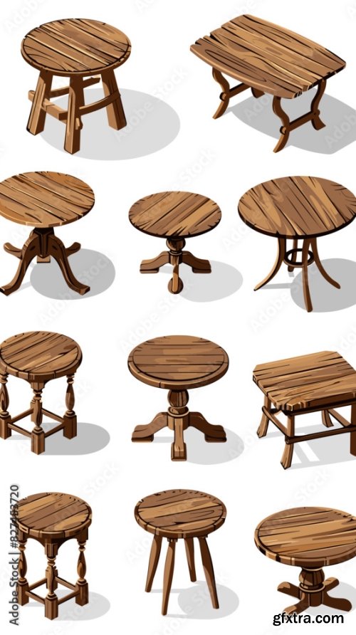 Isometric Vector Set Of Various Round Wooden Tables 6xAI