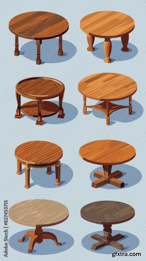 Isometric Vector Set Of Various Round Wooden Tables 6xAI