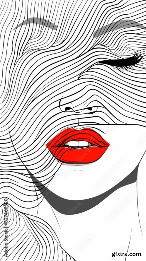 Monochrome Abstract Female Portraits With Red Lips In Linear Style 6xAI