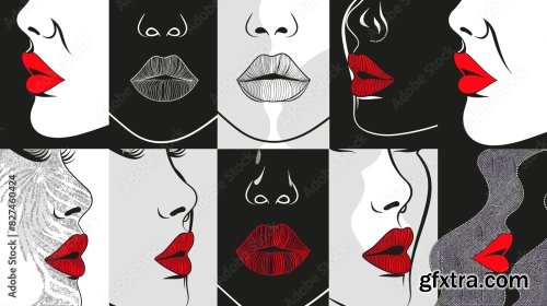 Monochrome Abstract Female Portraits With Red Lips In Linear Style 6xAI