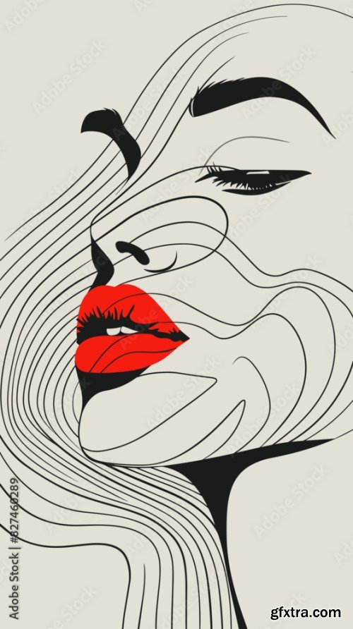 Monochrome Abstract Female Portraits With Red Lips In Linear Style 6xAI