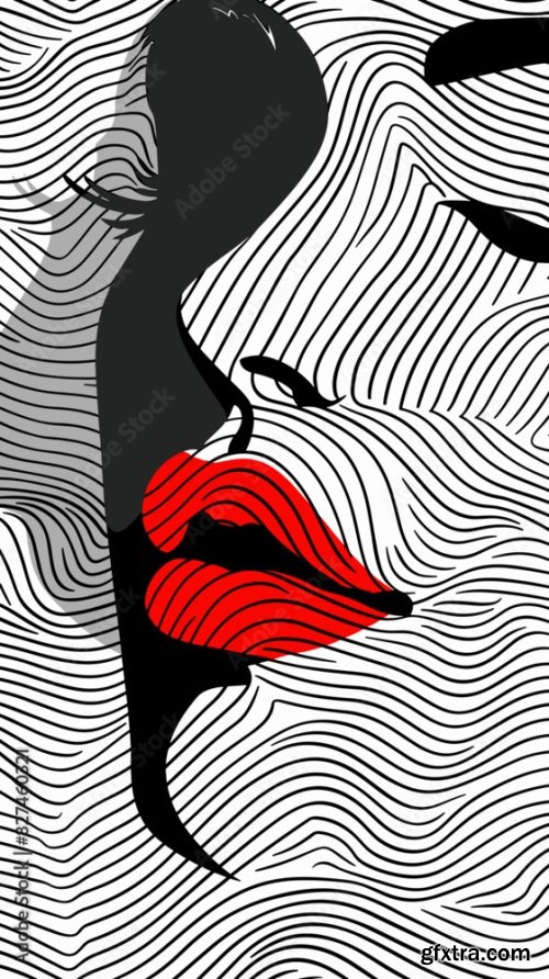 Monochrome Abstract Female Portraits With Red Lips In Linear Style 6xAI