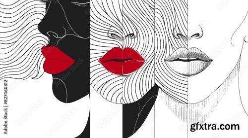 Monochrome Abstract Female Portraits With Red Lips In Linear Style 6xAI