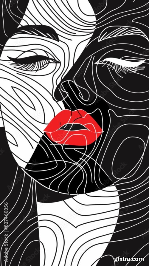 Monochrome Abstract Female Portraits With Red Lips In Linear Style 6xAI