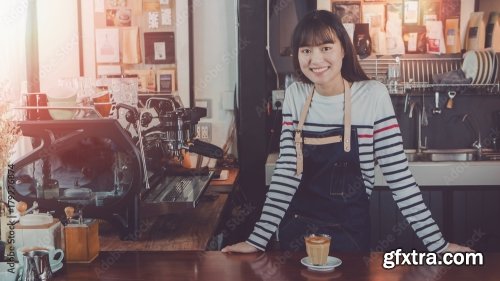 Young Beautiful Asian Woman Barista 6xJPEG