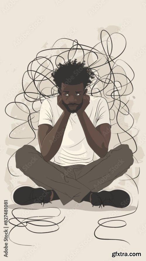 Sad Black Man Sitting On Floor With Tangled Thoughts And Confusion 6xAI