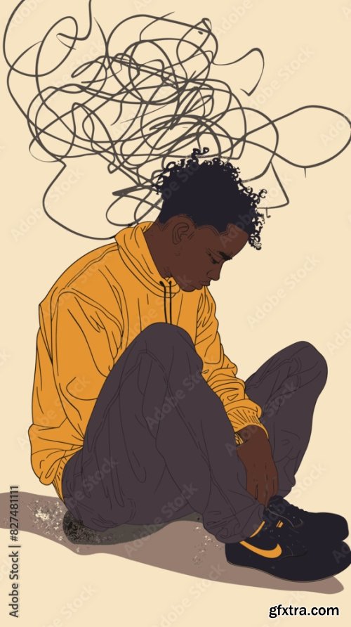 Sad Black Man Sitting On Floor With Tangled Thoughts And Confusion 6xAI