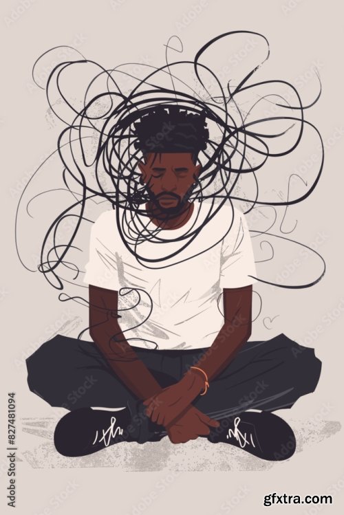 Sad Black Man Sitting On Floor With Tangled Thoughts And Confusion 6xAI