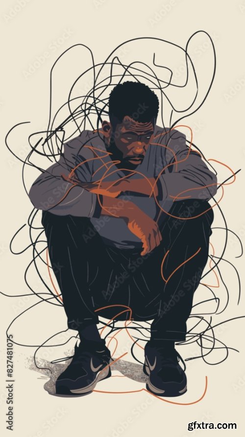 Sad Black Man Sitting On Floor With Tangled Thoughts And Confusion 6xAI