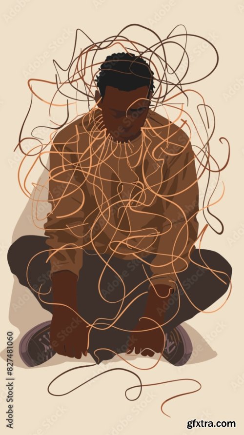 Sad Black Man Sitting On Floor With Tangled Thoughts And Confusion 6xAI