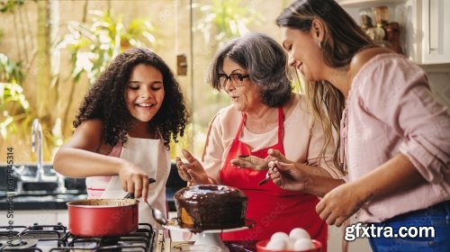 Brazilian Mother And Daughter In The Kitchen Decorating A Cake For Mother\'s Day 3xJPEG