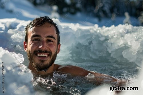 A Man Using An Ice Plunge Pool Bath For Recovery After Sports Exercise 6xJPEG