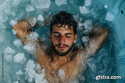 A Man Using An Ice Plunge Pool Bath For Recovery After Sports Exercise 6xJPEG