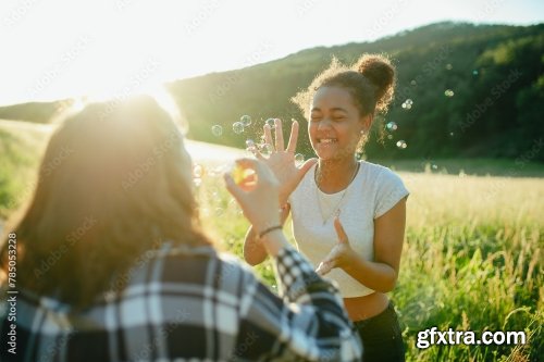 Young Teenager Girl Best Friends Spending Time In Nature 6xJPEG