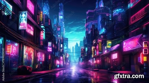 The Picture Of The Neon Night Time Futuristic Cyberpunk Scifi Metropolis 6xJPEG