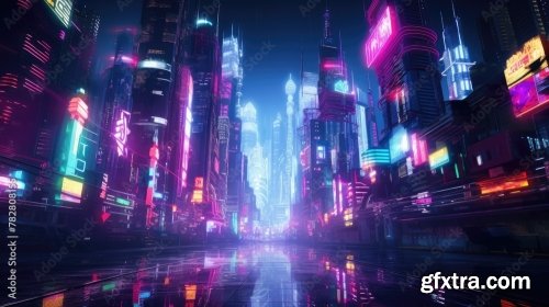 The Picture Of The Neon Night Time Futuristic Cyberpunk Scifi Metropolis 6xJPEG