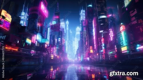 The Picture Of The Neon Night Time Futuristic Cyberpunk Scifi Metropolis 6xJPEG