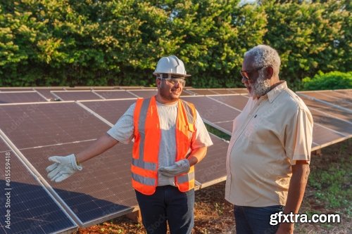 Latin Farmer Talking With The Technician Who Installed Photovoltaic Panels On His Farm In Brazil 6xJPEG