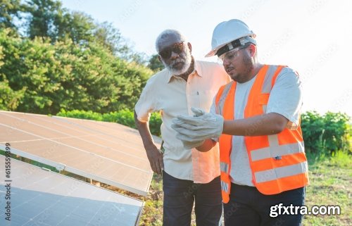 Latin Farmer Talking With The Technician Who Installed Photovoltaic Panels On His Farm In Brazil 6xJPEG