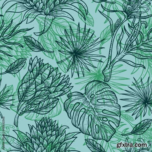 Flower Pattern Leaves Hand Draw Vintage Design 19xAI